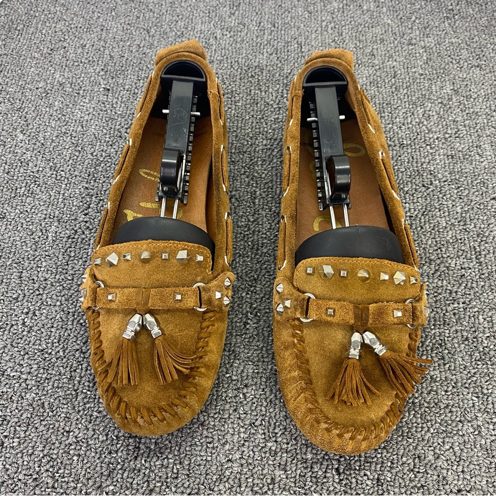 Sam Edelman Jalen Brown Leather Suede Moccasins Tassels Silver Studded Women 9M